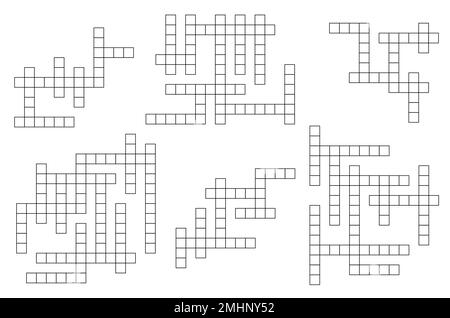 Griglie di gioco a parole incrociate. Set vettoriale per quiz di vocabolario o giochi di testo. Ricerca parola indovinello e lettere ricerca intellettuale attività di gioco, cruciverba vuota cross griglia modelli set Illustrazione Vettoriale