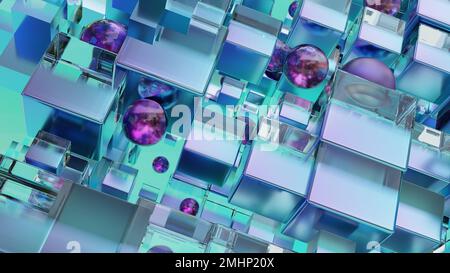 Sfondo della tecnologia sci fi, motivo cubo astratto, geometria solida 3D, cubi geometrici e sfere, Banner Glass, shap realistico, metallico e di vetro Foto Stock