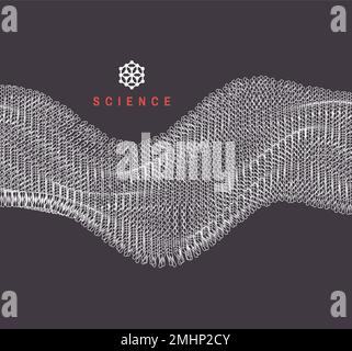 Un'onda formata da molte particelle. Struttura della membrana cellulare in movimento. Background scientifico per la medicina, la scienza, la tecnologia o la chimica. 3D astrac Illustrazione Vettoriale