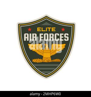 Elite Air Forces icona di un distintivo militare vettoriale con aquila d'oro, ali sparse, frecce e stelle. Le forze aeree o i servizi armati aerei si attoppano, emblema e insegne con scudo araldico isolato e uccello Illustrazione Vettoriale