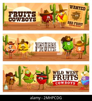 Selvaggio West cartoon Western frutta cowboy, sceriffo e personaggi ladri. Banner vettoriali divertente texas rangers e banditi anguria, arancia, prugna o mela cotogna, pesca, limone, kiwi, mela o pera personages Illustrazione Vettoriale