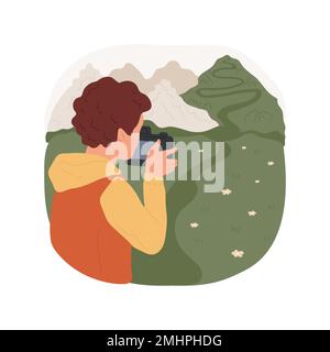 Fotografia illustrazione di un vettore di cartone animato isolato. Giovane fotografo che scatta foto, tiene la fotocamera in mano, fotografa la natura, lo stile di vita e l'hobby delle persone, cartoni animati animati da attività pratiche. Illustrazione Vettoriale