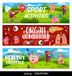 Stile di vita sano, attività sportive, cartoni animati divertenti organi umani personaggi. Banner vettoriali con fegato, dente, cuore e orecchio. Milza, cervello, bulbo oculare e reni con pancreas e polmoni, naso o vescica Illustrazione Vettoriale