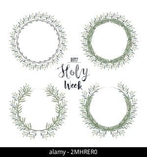 Corone di Laurel con testo Happy Holy Week. Illustrazione del vettore della domenica del palmo Illustrazione Vettoriale