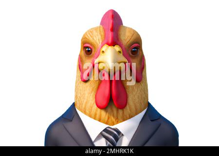 Ritratto di pollo in tuta da lavoro – Illustrazione digitale 3D su sfondo bianco Foto Stock