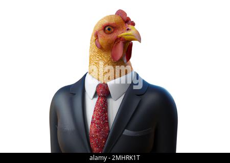 Ritratto di pollo in tuta da lavoro – Illustrazione digitale 3D su sfondo bianco Foto Stock