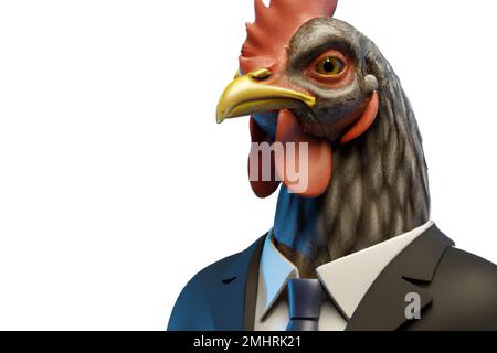 Ritratto di pollo in tuta da lavoro – Illustrazione digitale 3D su sfondo bianco Foto Stock