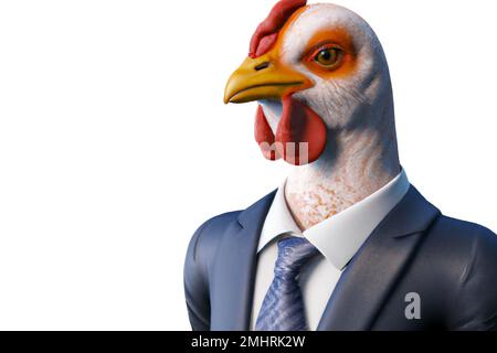 Ritratto di pollo in tuta da lavoro – Illustrazione digitale 3D su sfondo bianco Foto Stock