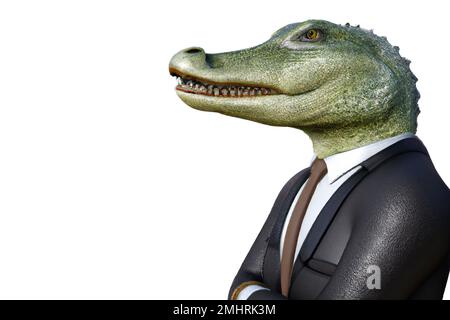 Ritratto di coccodrillo in tuta da lavoro – Illustrazione digitale 3D su sfondo bianco Foto Stock