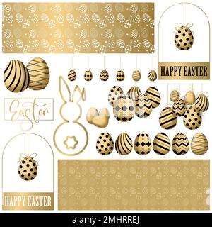 Elementi decorativi pasquali per biglietti, striscioni, social media. Decorazioni per vacanze isolate in tonalità oro e nero. Illustrazione Vettoriale
