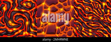 Texture di lava, magma e pietre. Disegni senza cuciture della superficie rocciosa del vulcano con crepe e flussi di lava liquida fusa calda nella vista dall'alto, illustrazione vettoriale dei cartoni animati Illustrazione Vettoriale