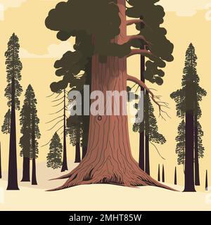 Illustrazione di un albero di sequoia gigante adulto in una foresta di sequoie Illustrazione Vettoriale