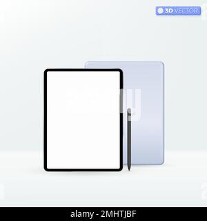 Simbolo dell'icona dello schermo vuoto del tablet. Parte anteriore e posteriore del tablet con stilo. Modello per infografiche o presentazioni, concetto di set di dispositivi Mockup. Il vettore 3D è Illustrazione Vettoriale