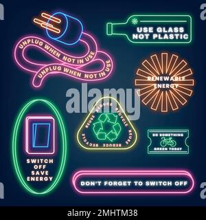 Neon segno ambiente illustrazione vettore set, salvare il nostro pianeta Illustrazione Vettoriale
