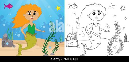 Traccia e colore per bambini, illustrazione vettoriale sirena. Illustrazione Vettoriale