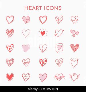 Icone del cuore, vettore set rosa in stile doodle disegnato a mano Illustrazione Vettoriale