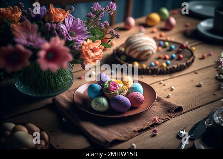 Buona Pasqua. rendering 3d. Tipografico , luce, cuore. Invito al bigliettino. Progettazione di background. Banner, poster Illustrazione congratulazioni cartolina. Illustrazione 3D di alta qualità Foto Stock