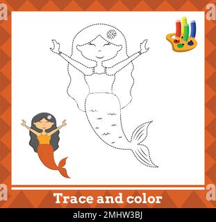 Traccia e colore per bambini, illustrazione vettoriale sirena. Illustrazione Vettoriale