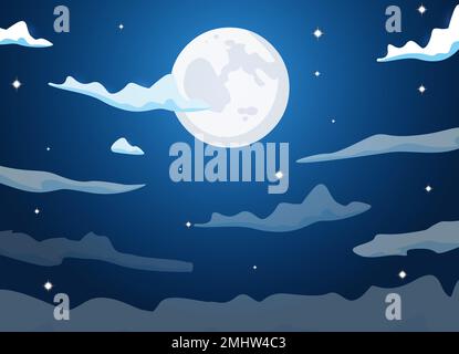 Cielo di cartone animato di notte con le nuvole, la luna piena, il chiaro di luna e le stelle disegno vettoriale di fondo. Illustrazione Vettoriale