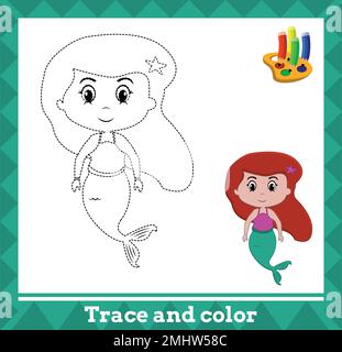 Traccia e colore per bambini, illustrazione vettoriale sirena. Illustrazione Vettoriale