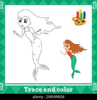 Traccia e colore per bambini, illustrazione vettoriale sirena. Illustrazione Vettoriale