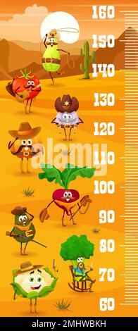 Righello grafico altezza bambini, ranger cowboy, sceriffo e verdure rapinatore sul selvaggio West, misuratore di crescita vettoriale. Righello alto del bambino con sceriffo di zucca occidentale del cartone animato, ranger del pomodoro e bandito dell'avocado Illustrazione Vettoriale