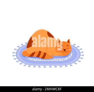 Sleeping Cat su tappeto. Illustrazione vettoriale in piano per stampa, biglietti, poster, adesivi. Isolato su sfondo bianco Illustrazione Vettoriale