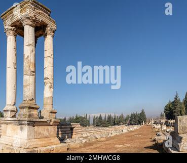 Resti di strada nelle rovine della città di Umayyad in Anjar, valle Bekaa, Libano Foto Stock