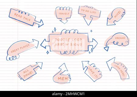 I segni di freccia del doodle disegnati a mano per i giornali e le infografiche. Illustrazione Vettoriale