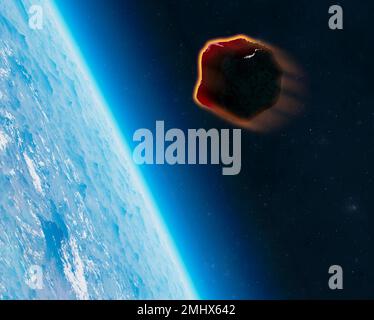 Meteorite in avvicinamento alla Terra, rotta di collisione. Asteroide. Possibile collisione con l'atmosfera terrestre. rendering 3d Foto Stock