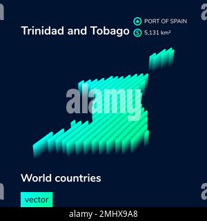 Mappa digitale al neon a righe isometriche Trinidad e Tobago 3D stilizzata nei colori verde, turchese e menta Illustrazione Vettoriale