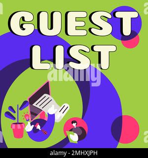 Scrittura a mano di testo elenco ospiti. Parola scritta su un elenco di persone che possono accedere allo spettacolo o a un evento Foto Stock