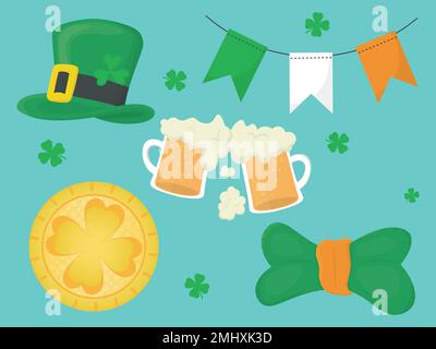un set per saint patricks giorno comprende moneta d'oro, cappello, bicchieri di birra, bandiere garland e farfalla Illustrazione Vettoriale