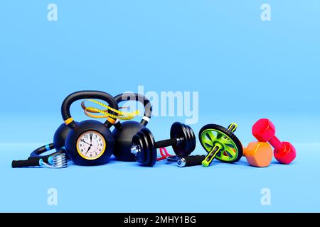 3d illustrazione delle attrezzature sportive per la palestra o per gli allenamenti a casa. Fitness e stile di vita sano. Manubri multicolore, pesi, una sveglia, Foto Stock