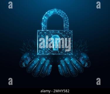 Due mani umane sono tenere lucchetto. Struttura a reticolo con blocco di polietilene basso e luminoso. Rete di tecnologia del Internet, concetto di idea di affari. Design su sfondo blu scuro Illustrazione Vettoriale