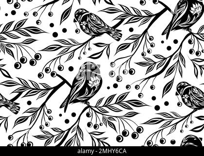 Motivo decorativo senza cuciture Vector con uccelli e bacche di rowan sui rami. Texture nera con palline nei cespugli su fondo bianco. Illustrazione Vettoriale