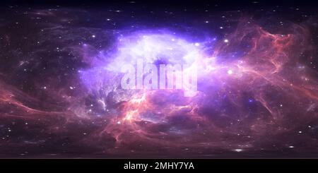 Visualizzazione panoramica a 360 gradi di panoramica nebulosa spaziale a 360 gradi, proiezione equirettangolare, mappa ambientale. Panorama sferico HDRI. Sfondo spaziale con nebulosa e stelle. 3d ill