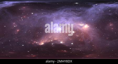 Visualizzazione panoramica a 360 gradi di panoramica nebulosa spaziale a 360 gradi, proiezione equirettangolare, mappa ambientale. Panorama sferico HDRI. Sfondo spaziale con nebulosa e stelle. 3d ill
