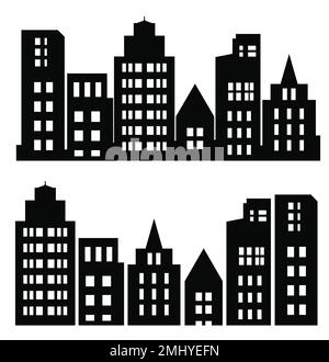 Città edifici silhouette diversa costruzione vettore set illustrazioni isolato su sfondo bianco. Nero in silhouette piatte di grattacieli e l Illustrazione Vettoriale