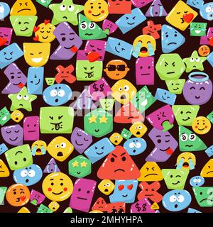 Sfondo Abstract colorato senza cuciture con emoji e forme geometriche astratte in stile memphis. Sfondo vettoriale trendy in bianco, blu, giallo e r Illustrazione Vettoriale