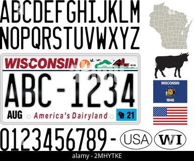 Targa Wisconsin, lettere, numeri e simboli, Stati Uniti d'America, illustrazione vettoriale Illustrazione Vettoriale