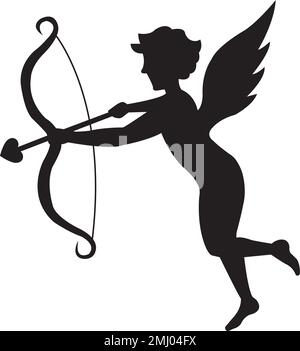 Silhouette di cupido con arco e freccia a forma di cuore su sfondo bianco Illustrazione Vettoriale