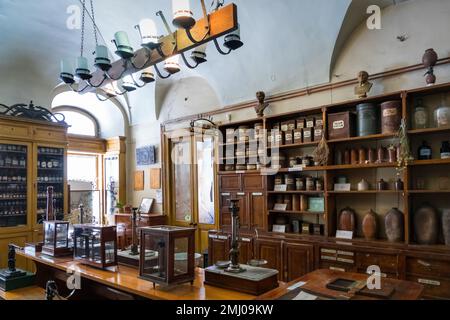 Sotto il Black Eagle Pharmacy Museum nel centro di Lviv, Ucraina. La farmacia è stata fondata nel 1735. Foto Stock