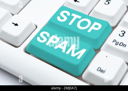 Segnale che visualizza Stop Spam. Vetrina aziendale porre fine ai messaggi intrusivi o inappropriati inviati su Internet Foto Stock