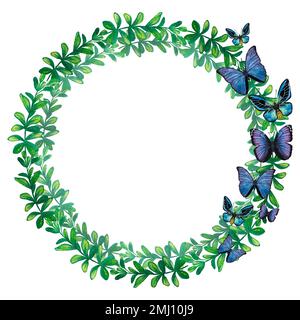 Cornice rotonda verde con farfalle viola blu. Illustrazione ad acquerello disegnata a mano isolata su sfondo bianco. Per saluti, sfondi, noi Foto Stock