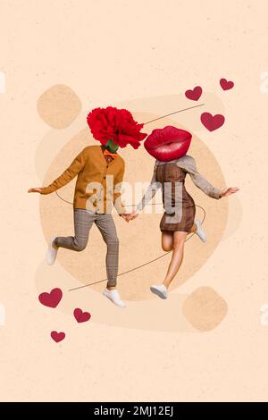 Collage verticale immagine di due partner tenere braccia saltando in esecuzione rosso grumo labbra carnation fiore invece testa isolata su sfondo dipinto Foto Stock