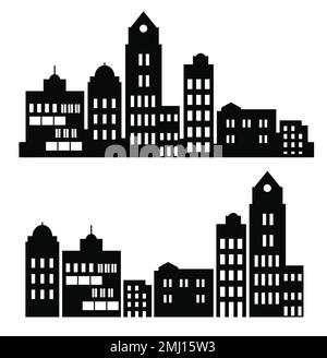 Su uno sfondo bianco, un insieme piatto vettoriale di illustrazioni di architettura edifici urbani in silhouette sotto varie costruzioni Illustrazione Vettoriale