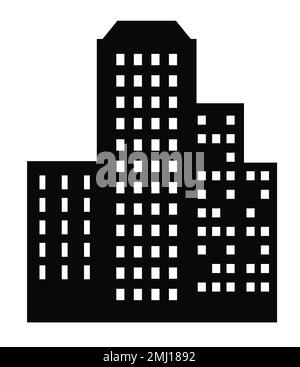 Questo set di illustrazioni presenta un grattacielo nero e un basso edificio, entrambi adagiato sullo sfondo degli edifici della città Illustrazione Vettoriale