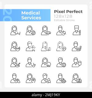 Set di icone lineari pixel Perfect per servizi medici Illustrazione Vettoriale