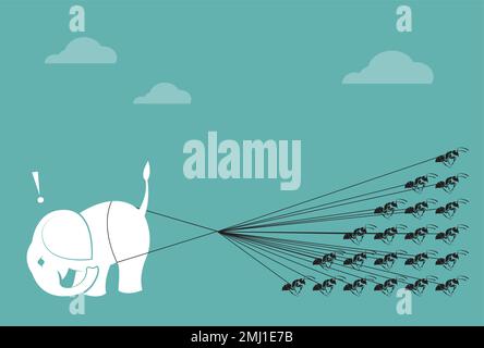 Elefante e corda formica che tirano insieme. Concetto di unità. Illustrazione vettoriale a strati facilmente modificabile. Illustrazione Vettoriale